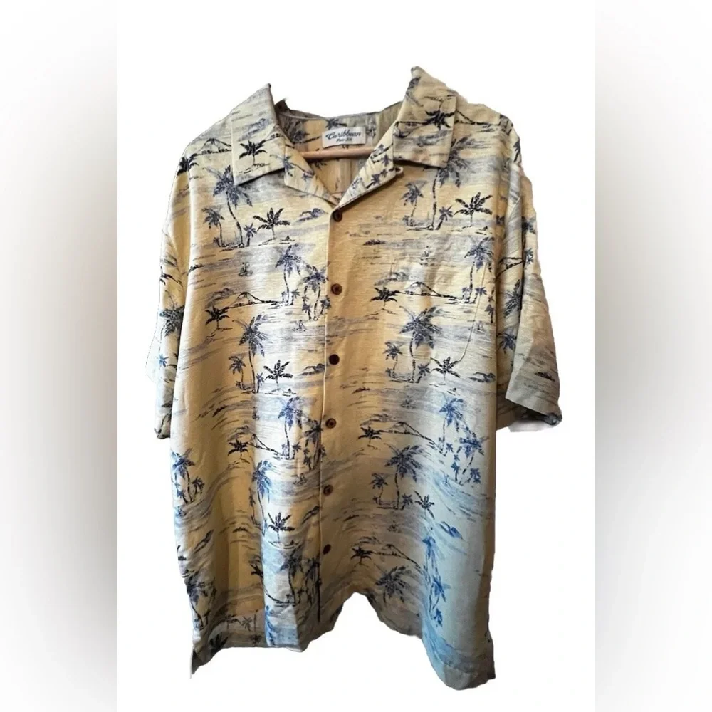 CARIBBEAN Pure Silk Mens Tropical Print Short Sleeve Button Up Shirt Size XL